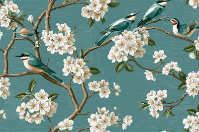 Cherry Blossom Birds Illustration Print. poster