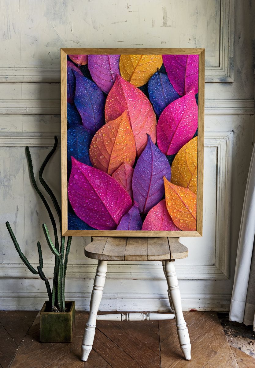 Colorful Dewy Leaves Botanical Print. — room view 1