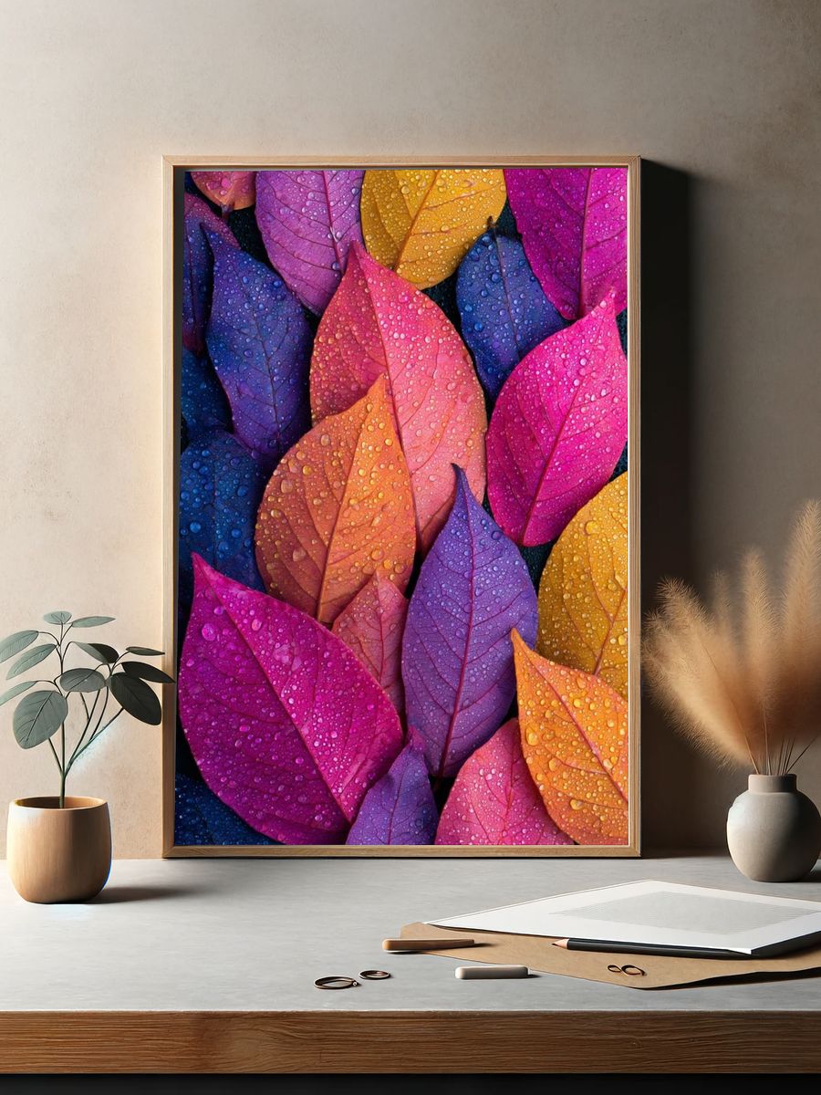Colorful Dewy Leaves Botanical Print. — room view 2
