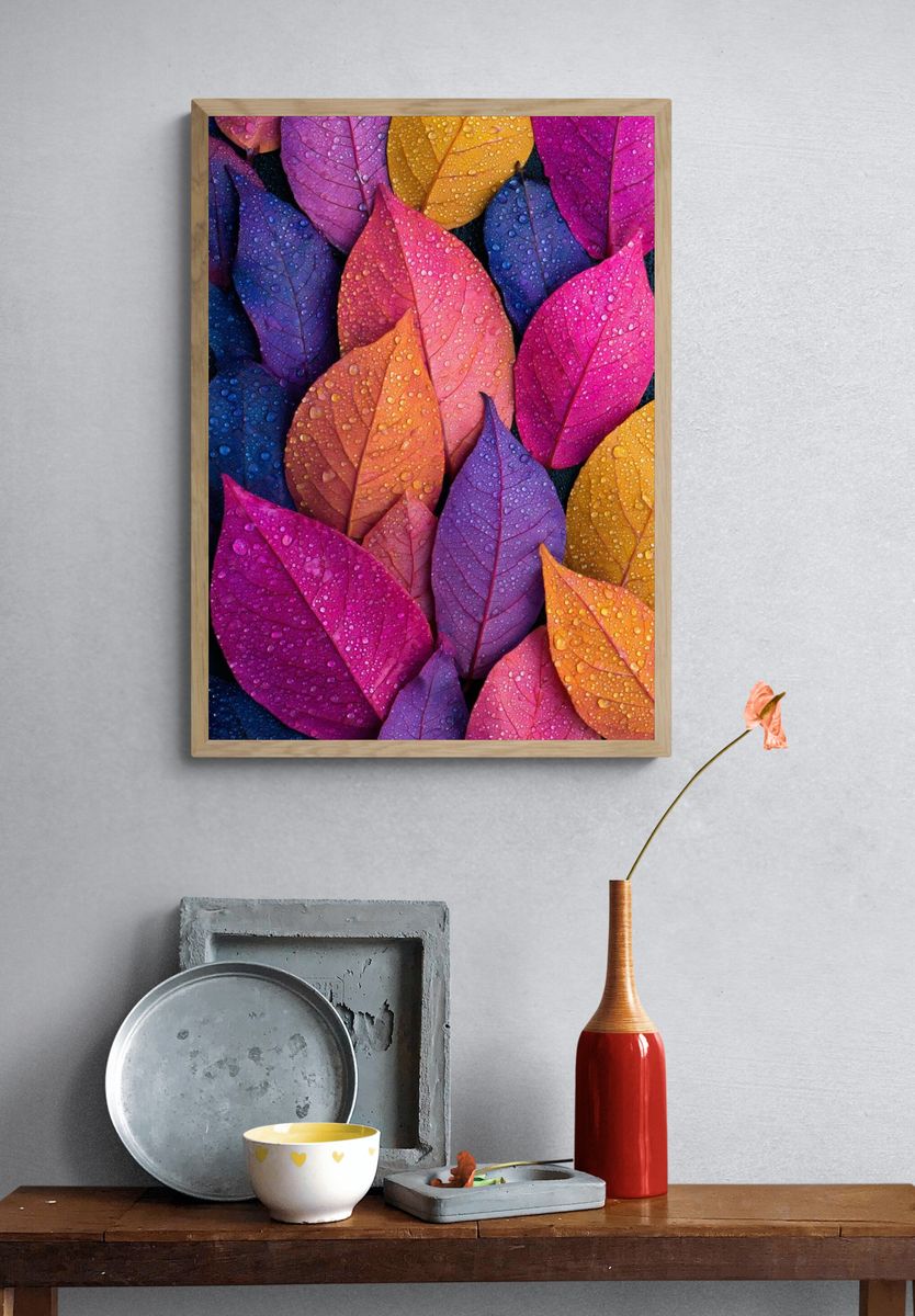 Colorful Dewy Leaves Botanical Print. — room view 3