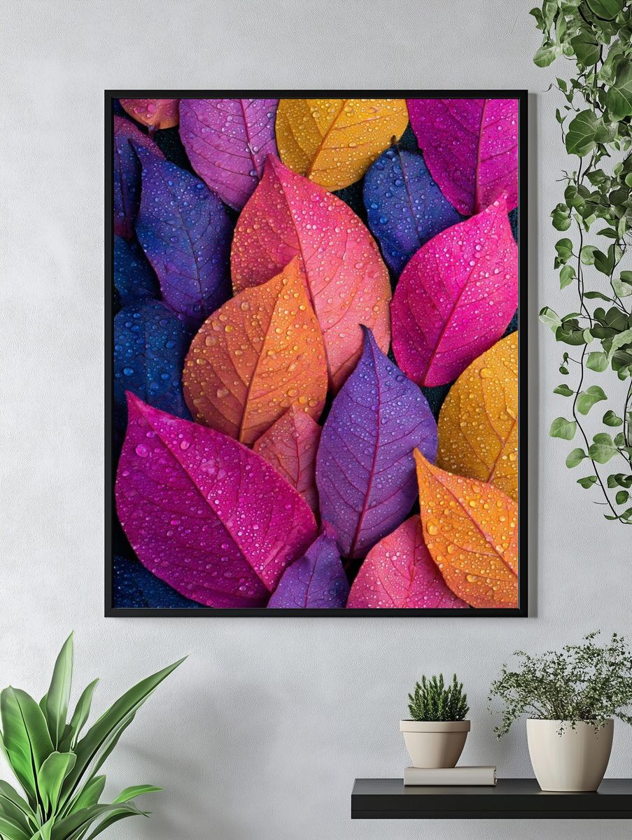 Colorful Dewy Leaves Botanical Print. — room view 4