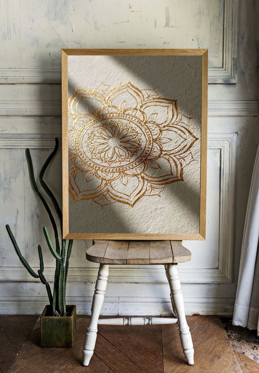 Golden Mandala Lotus Print. room preview