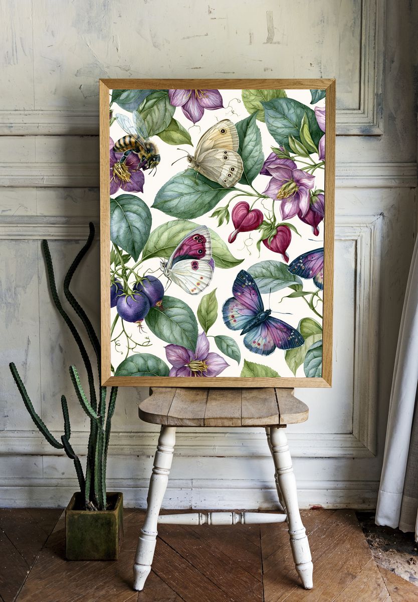 Butterflies and Blooms Botanical Poster. room preview