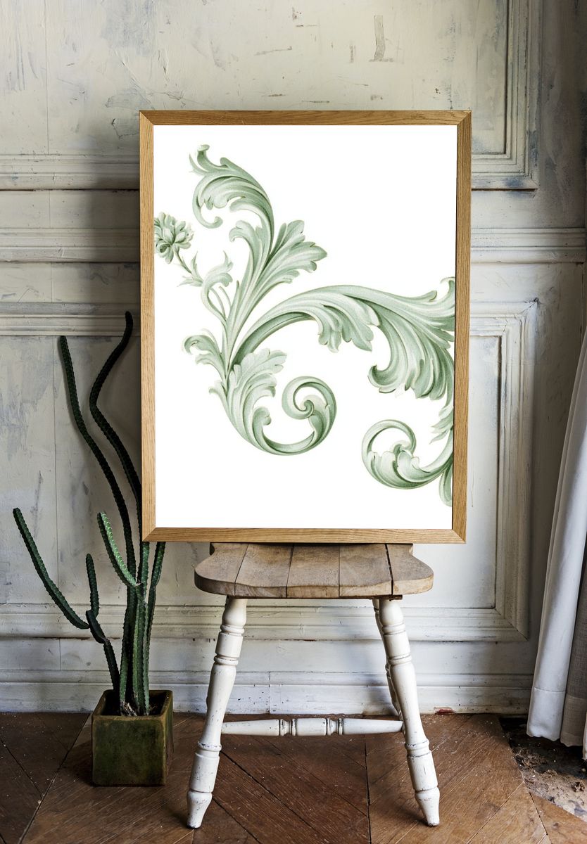 Sage Baroque Scroll Print. — room view 1