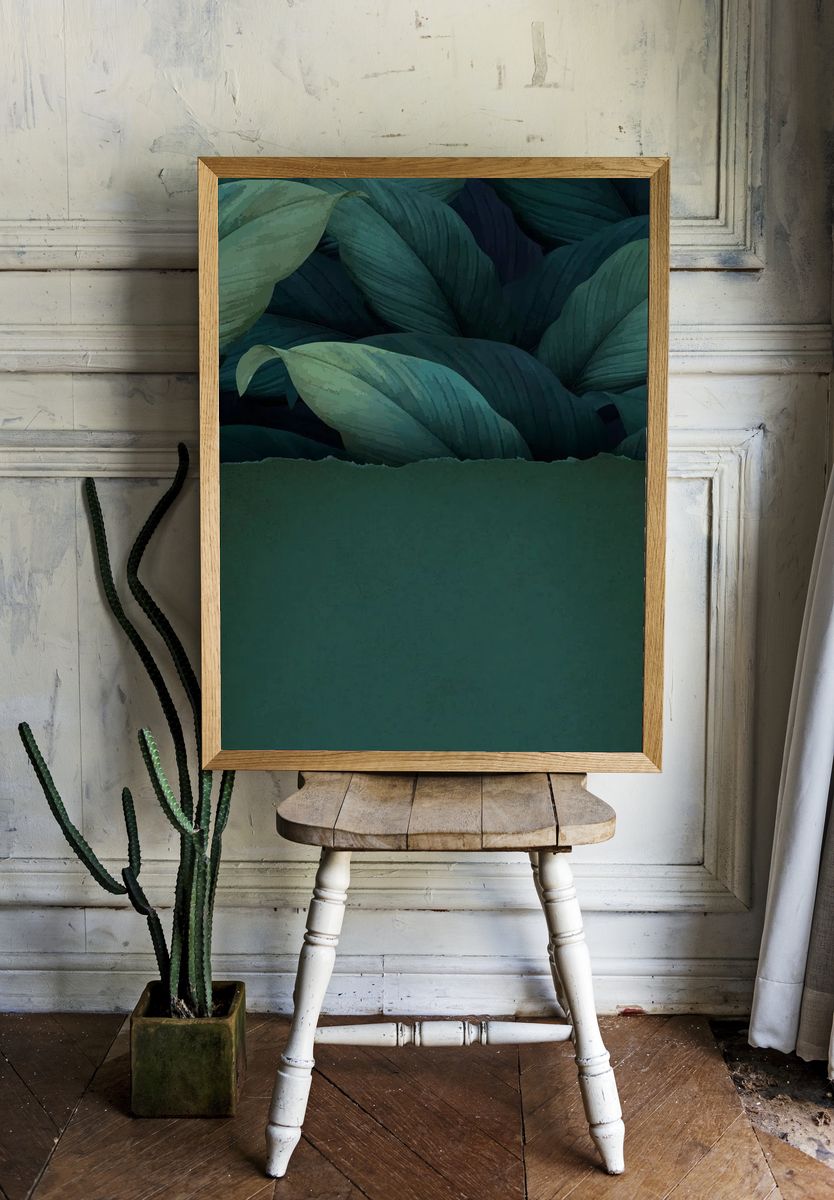 Torn green paper tropical leaf. — room view 1