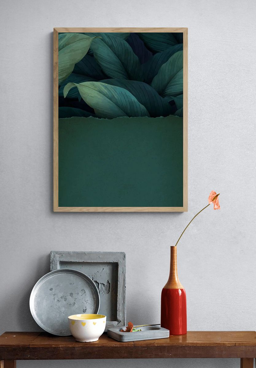 Torn green paper tropical leaf. — room view 3