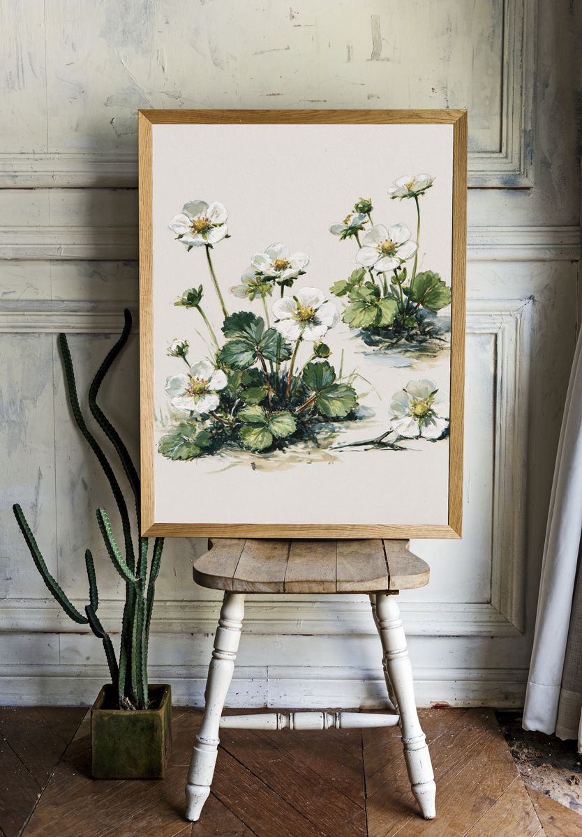 Wild Strawberry Blossom Watercolor Print. room preview