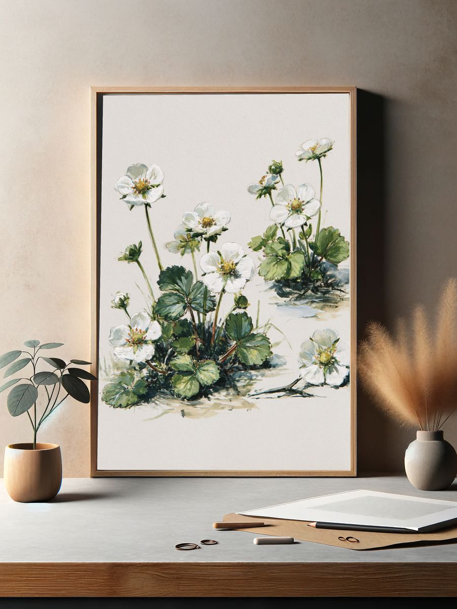 Wild Strawberry Blossom Watercolor Print. — room view 2