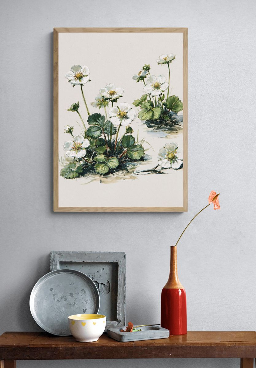 Wild Strawberry Blossom Watercolor Print. — room view 3