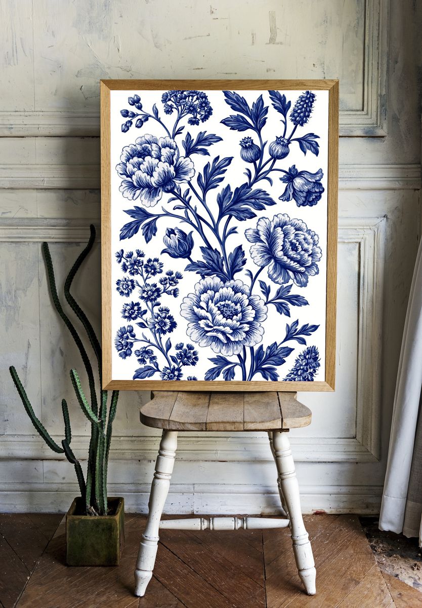 Blue Floral Toile Print Poster. room preview