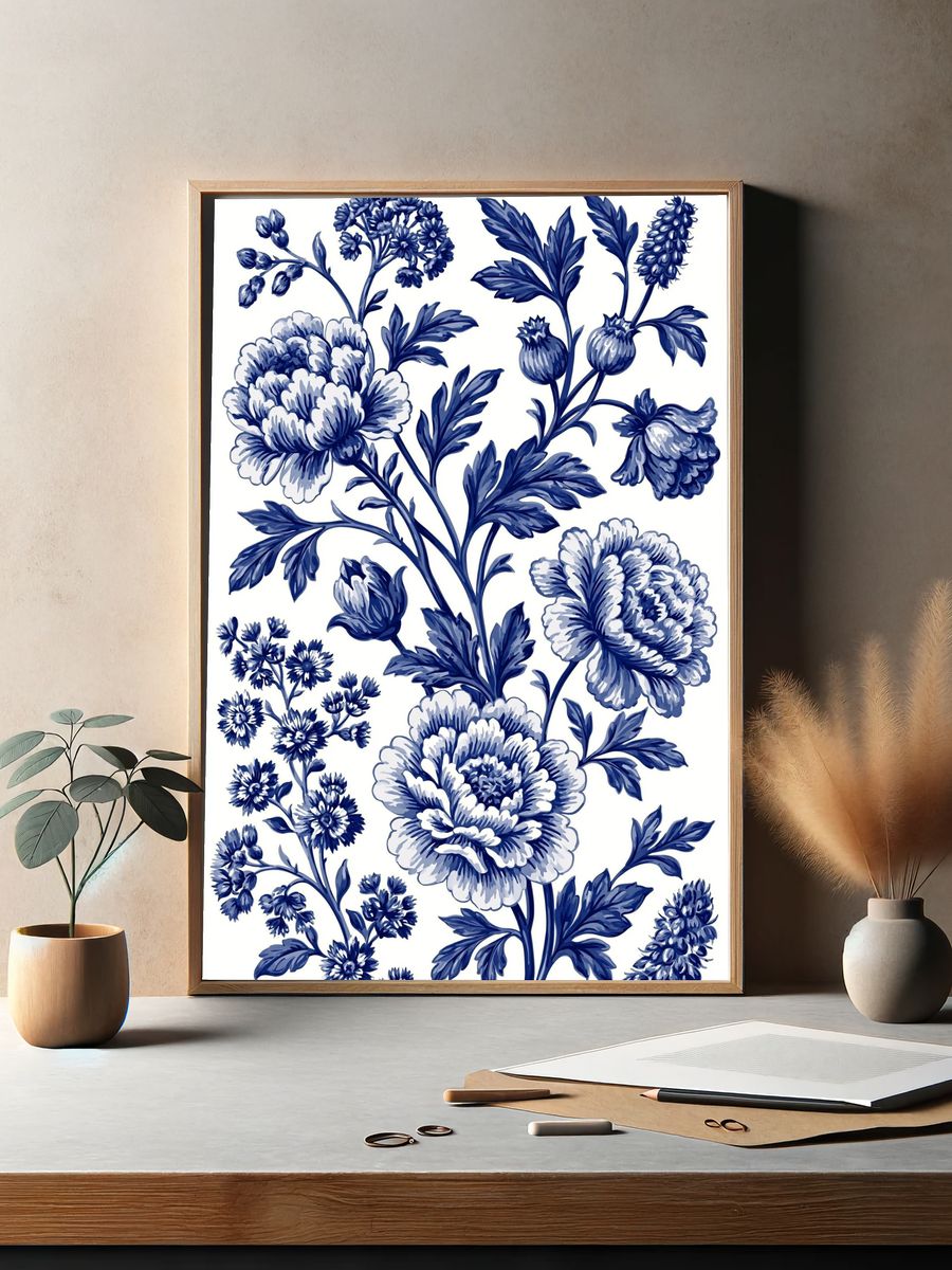 Blue Floral Toile Print Poster. — room view 2