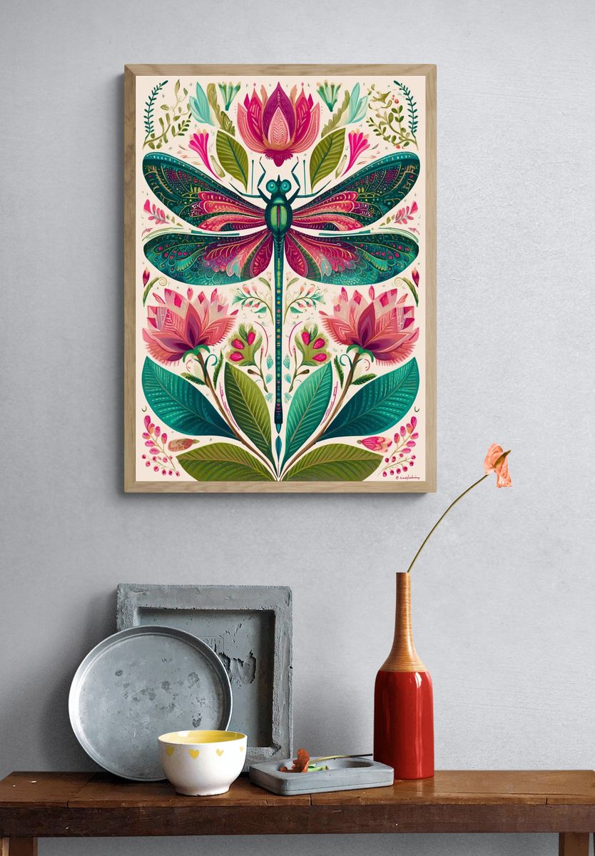 Dragonfly Botanical Illustration Poster. — room view 3