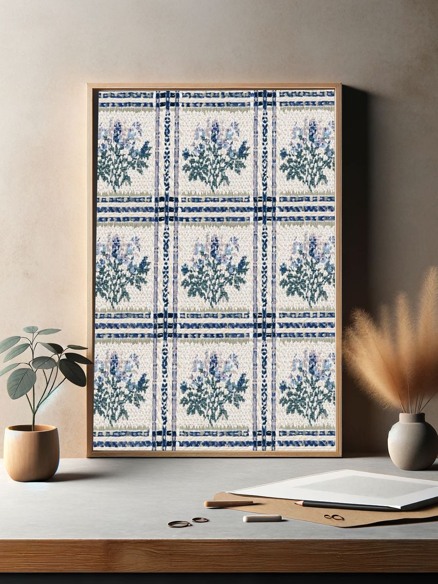 Blue Floral Tiled Pattern Print. — room view 2