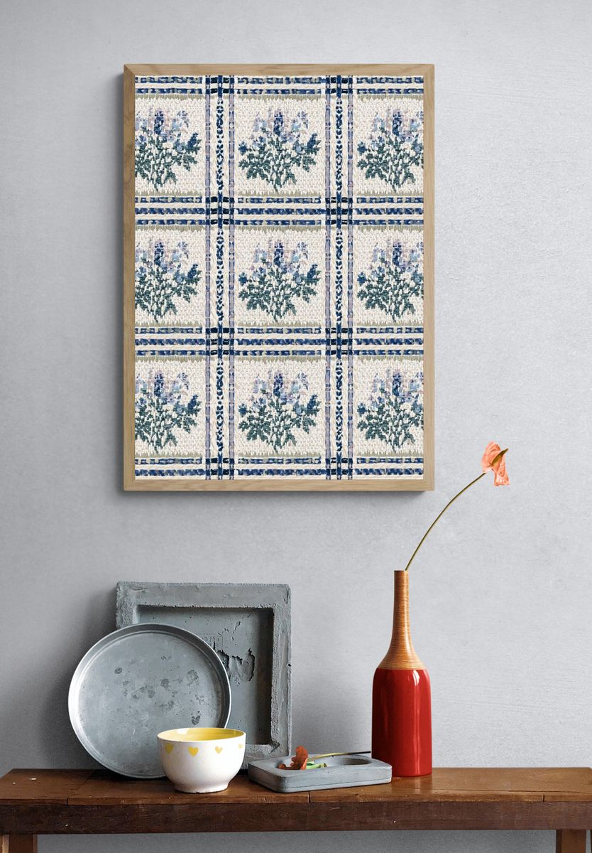 Blue Floral Tiled Pattern Print. — room view 3