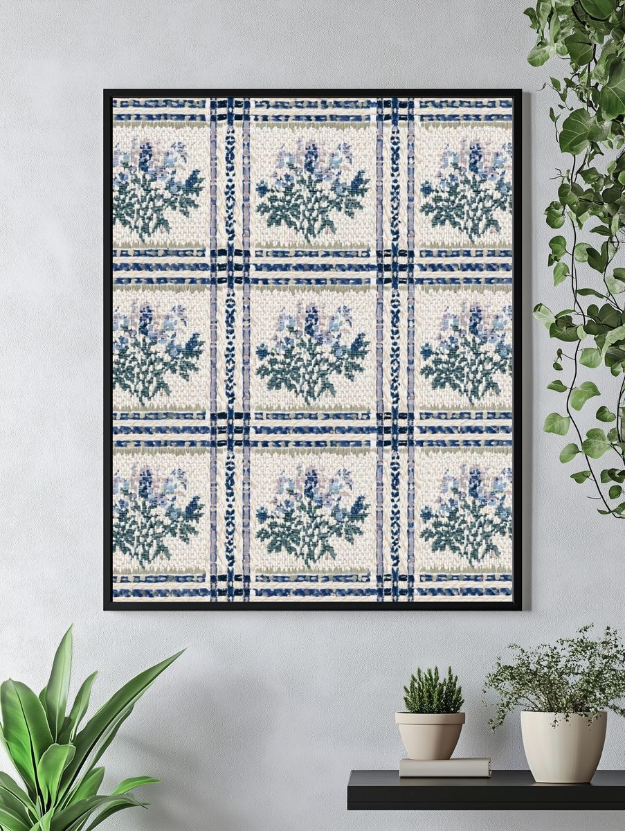 Blue Floral Tiled Pattern Print. — room view 4