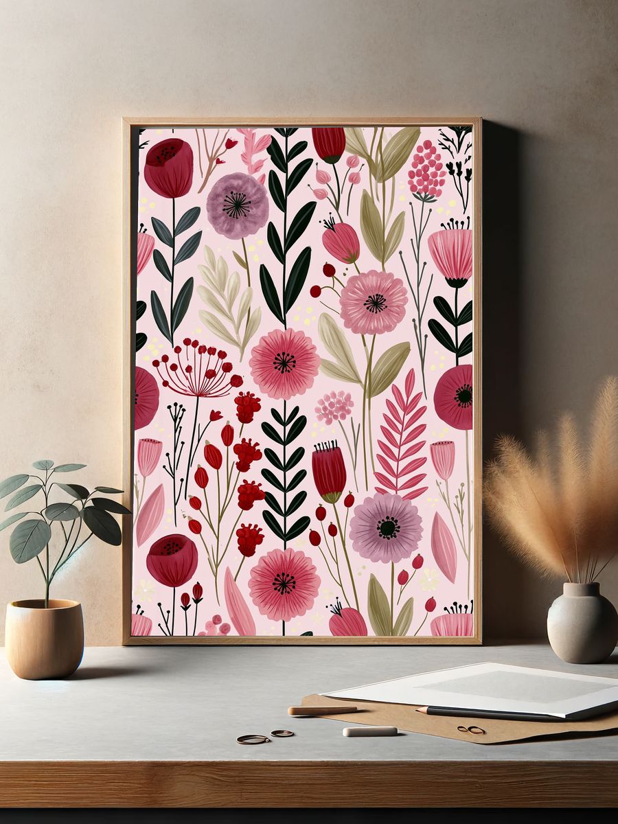 Pink Floral Garden Illustration Poster. — room view 2