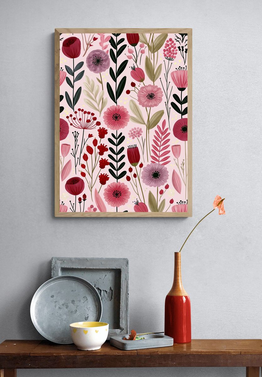 Pink Floral Garden Illustration Poster. — room view 3