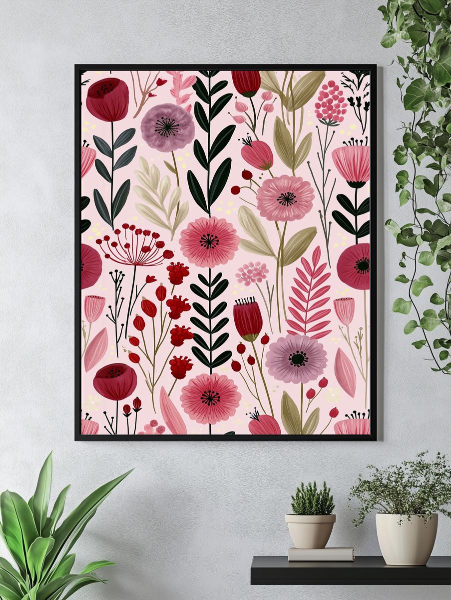 Pink Floral Garden Illustration Poster. — room view 4