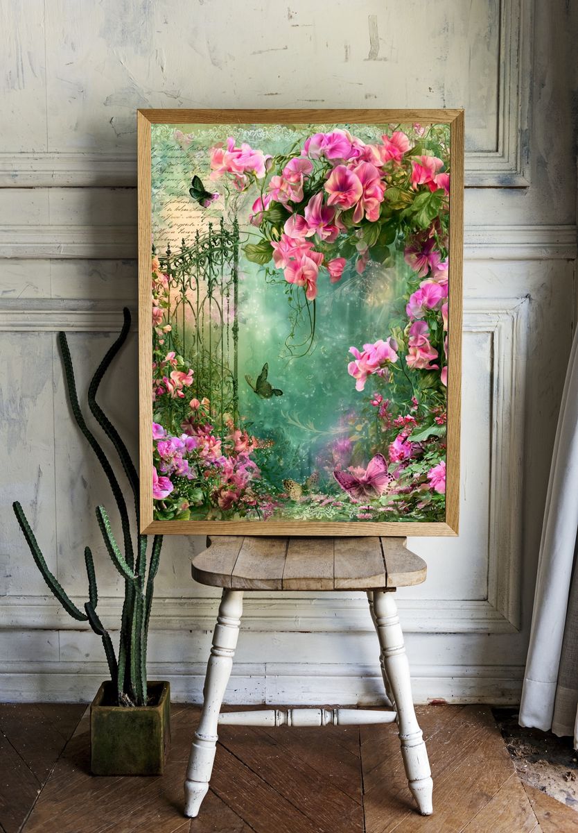 Pink Floral Garden Illustration Poster. — room view 1