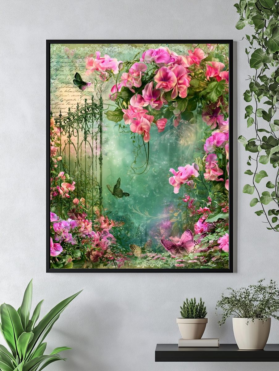 Pink Floral Garden Illustration Poster. — room view 4