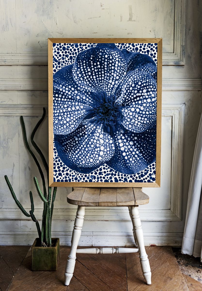 Blue Dotted Flower Botanical Print. room preview