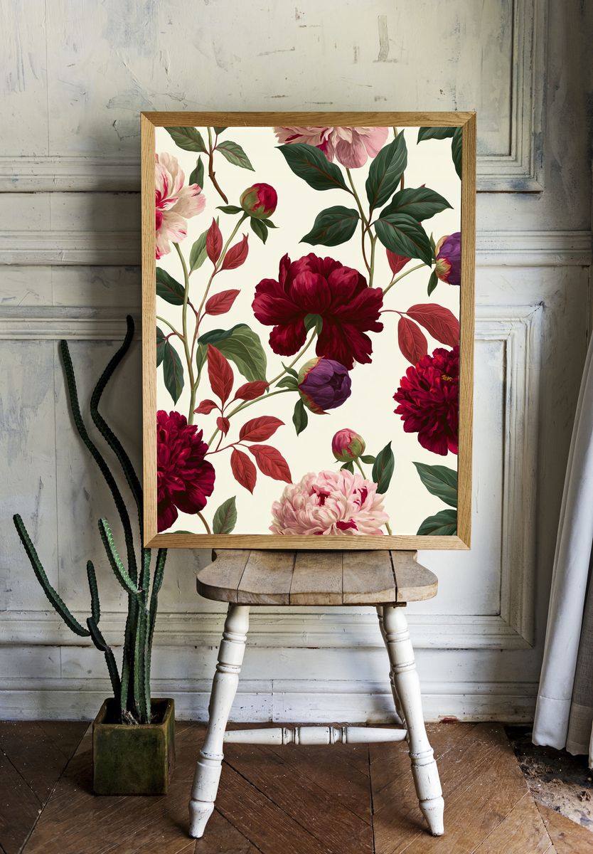 Peony Bloom Botanical Print. room preview