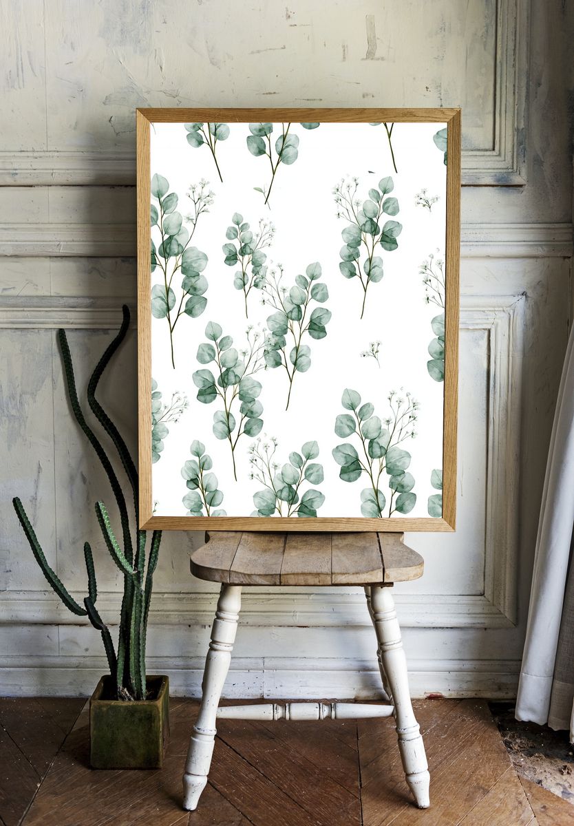 Eucalyptus Sprigs Watercolor Print. room preview
