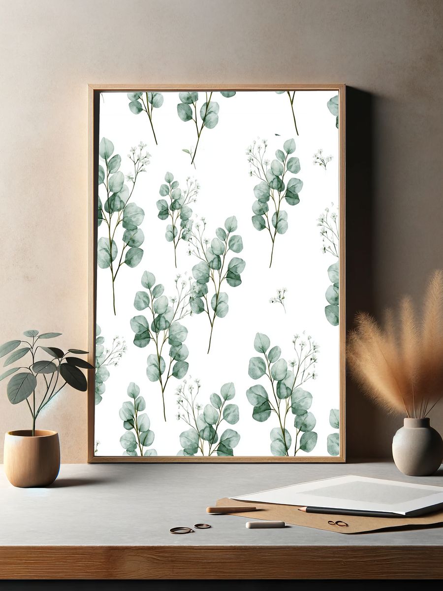 Eucalyptus Sprigs Watercolor Print. — room view 2