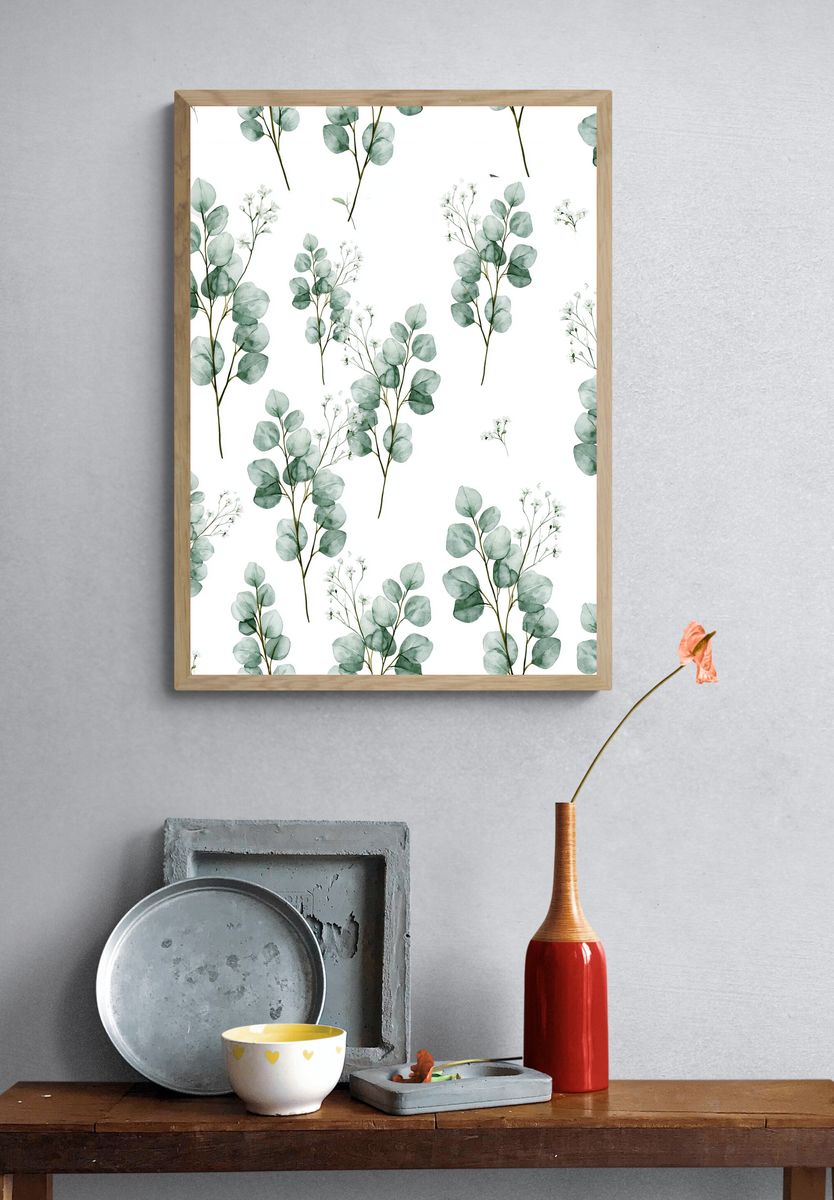 Eucalyptus Sprigs Watercolor Print. — room view 3