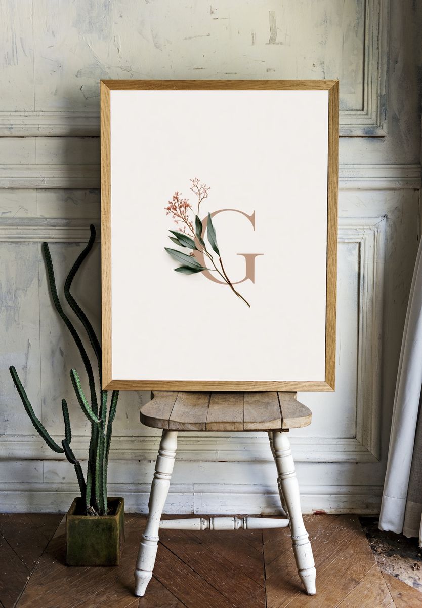 Botanical Letter G Minimalist Print. room preview