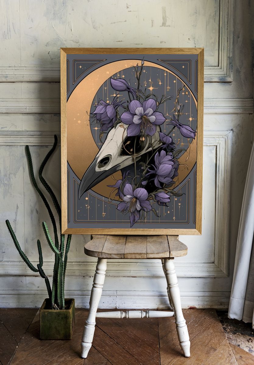 Moonlit Raven Floral Poster. room preview