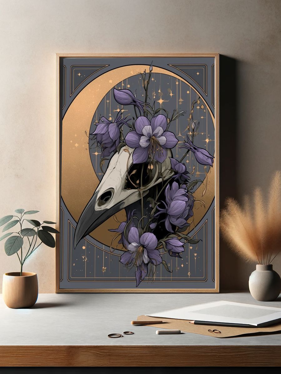 Moonlit Raven Floral Poster. — room view 2