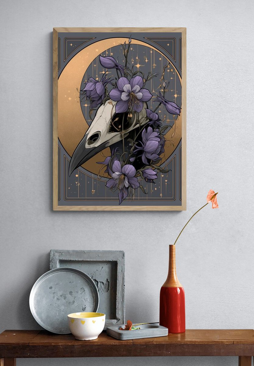 Moonlit Raven Floral Poster. — room view 3