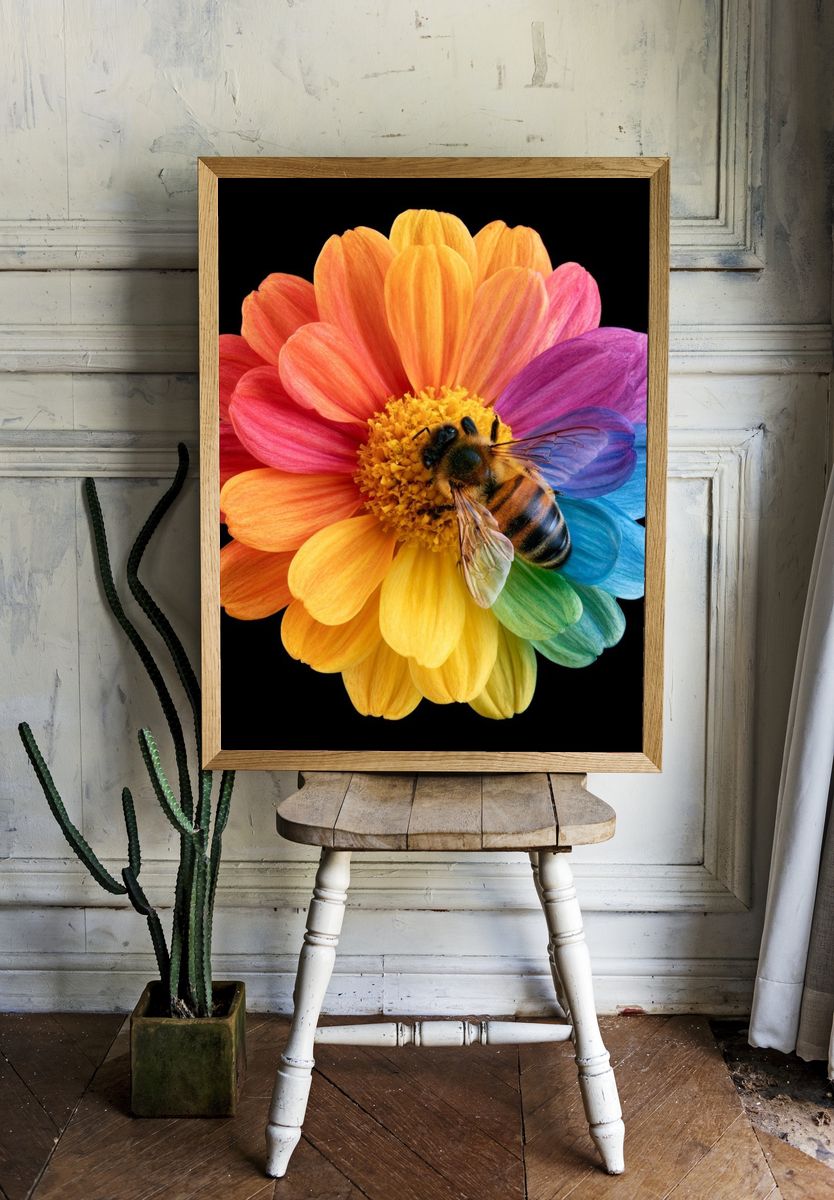 Rainbow Flower Bee Botanical Print. room preview