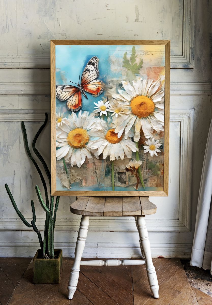 Butterfly and Daisies Botanical Print. room preview
