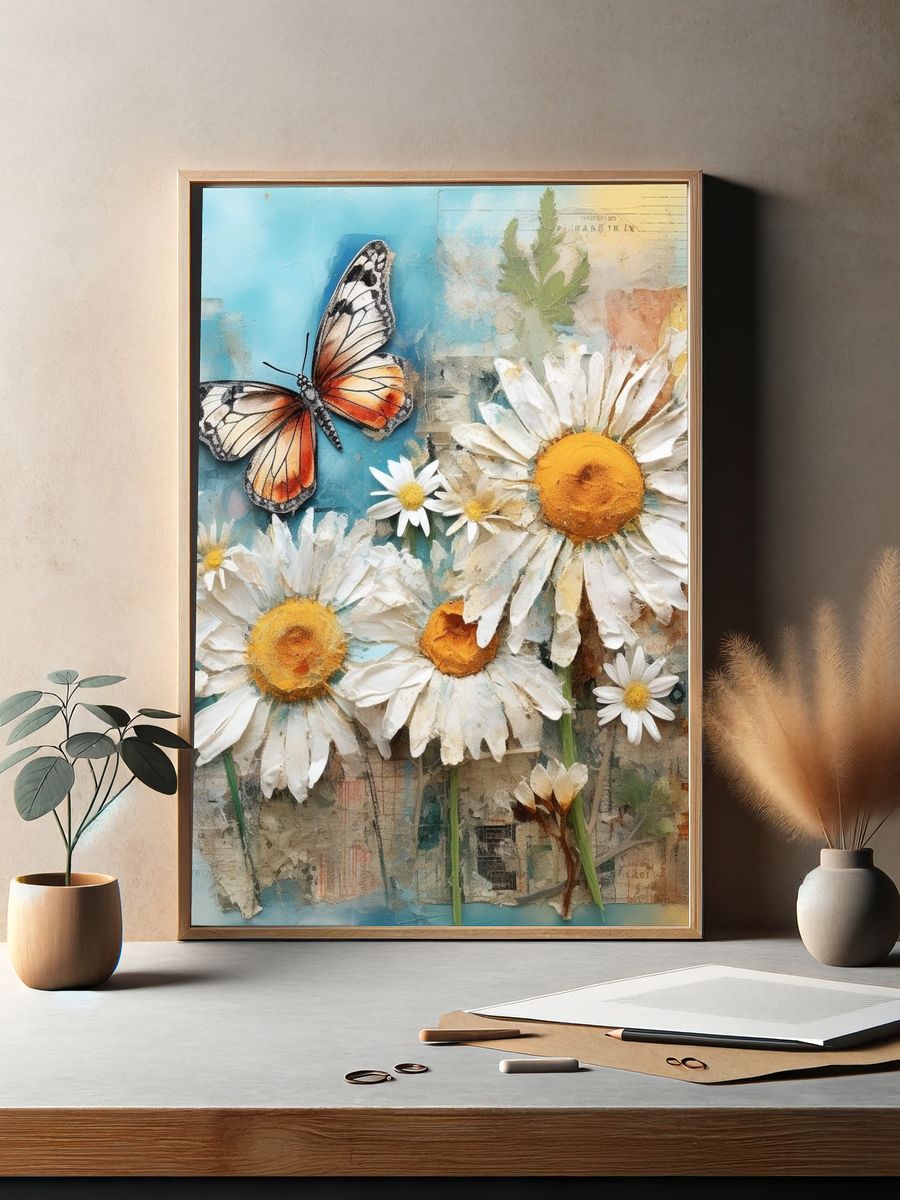 Butterfly and Daisies Botanical Print. — room view 2