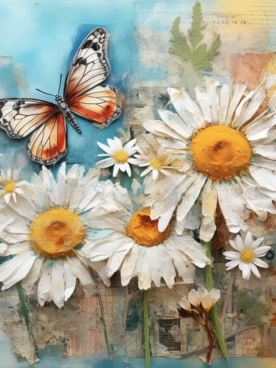 Butterfly and Daisies Botanical Print.