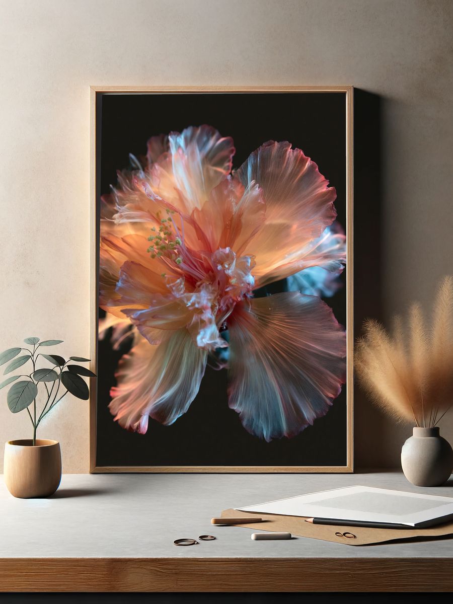 Glowing Hibiscus Bloom Photography Poster. — room view 2