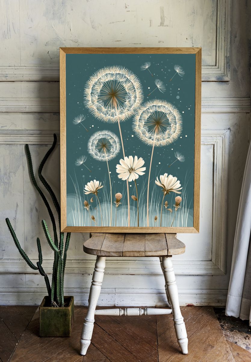 Dandelion Meadow Botanical Print. room preview