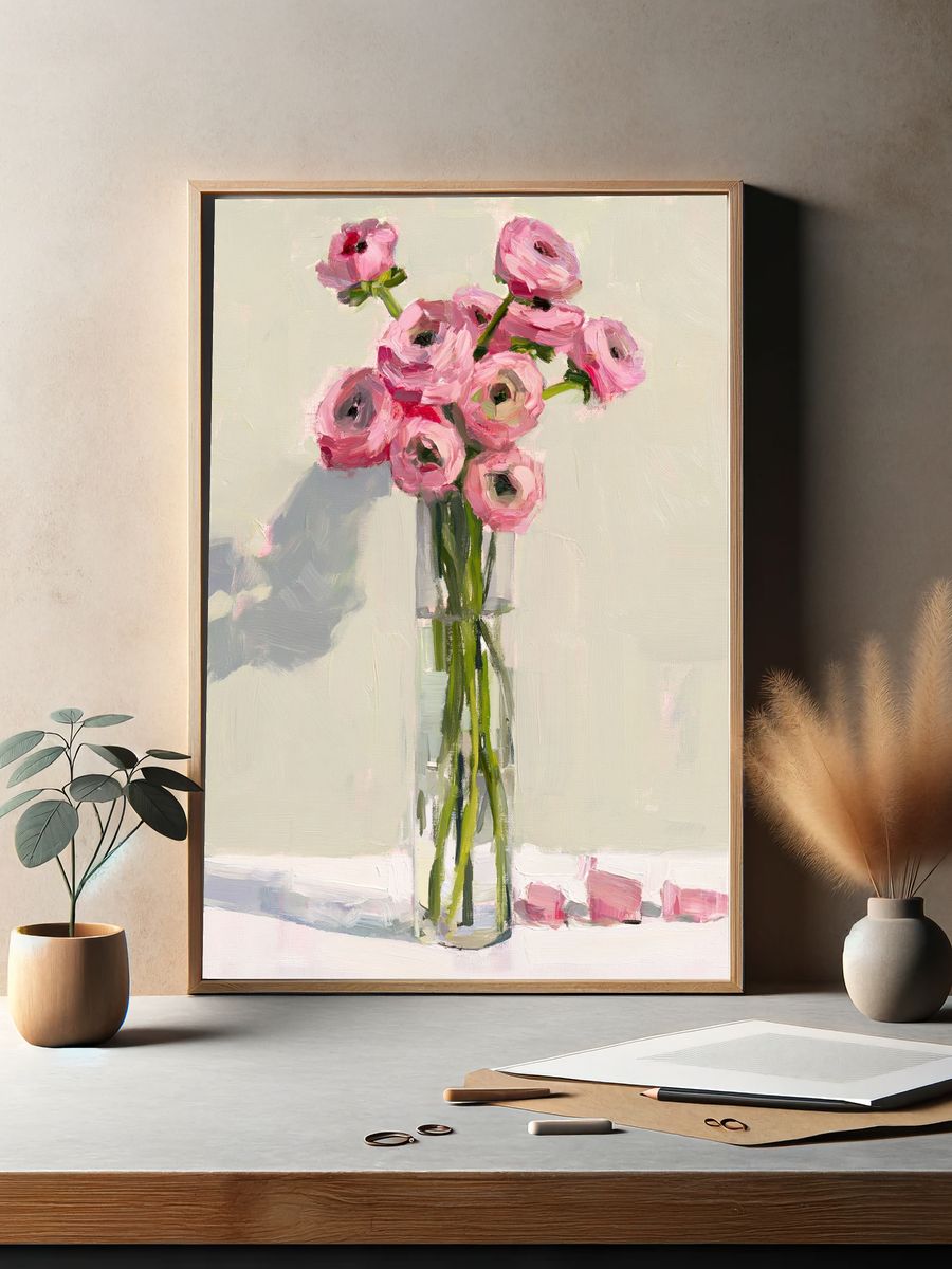 Pink Ranunculus Vase Illustration Poster. — room view 2