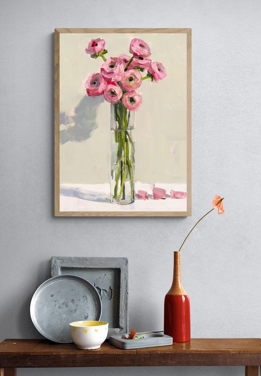 Pink Ranunculus Vase Illustration Poster. — room view 3