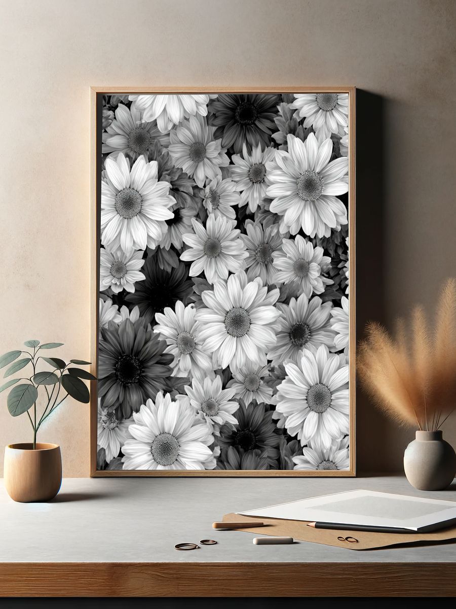 Black and White Daisy Floral Print. — room view 2
