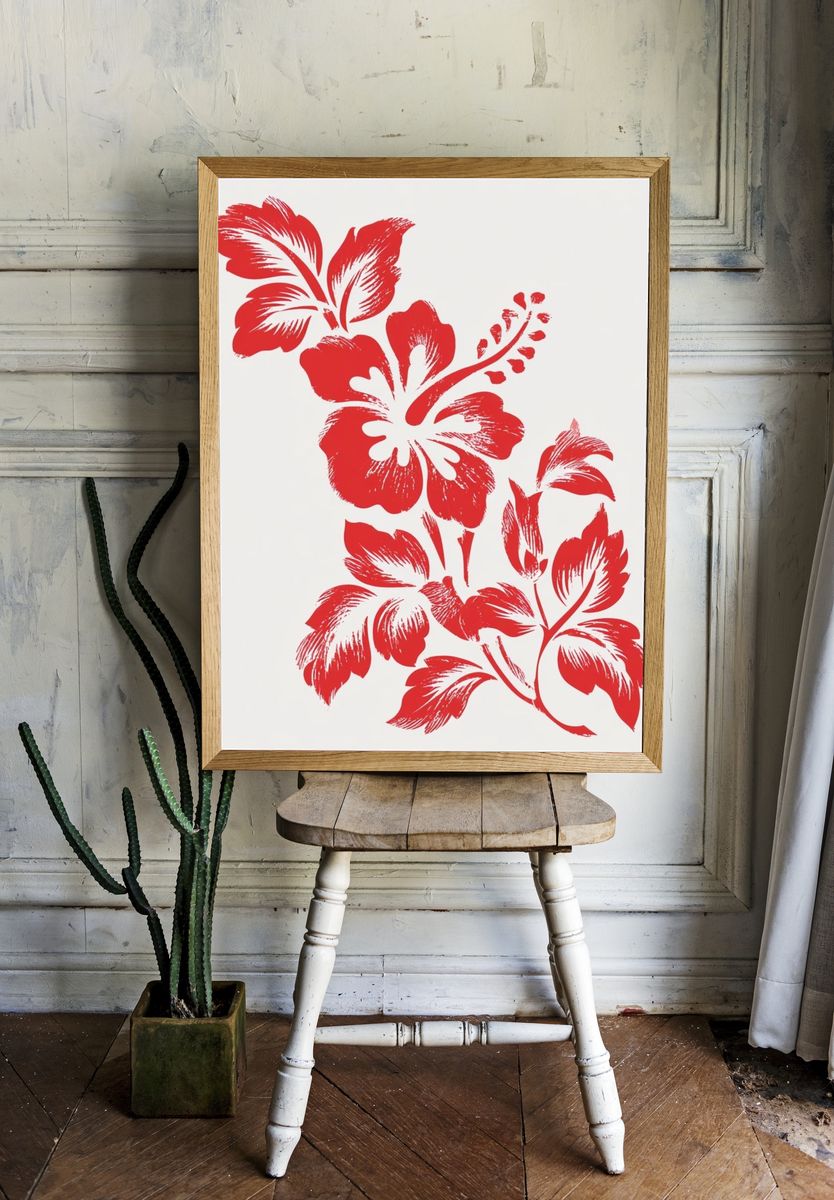 Red Hibiscus Botanical Print. — room view 1