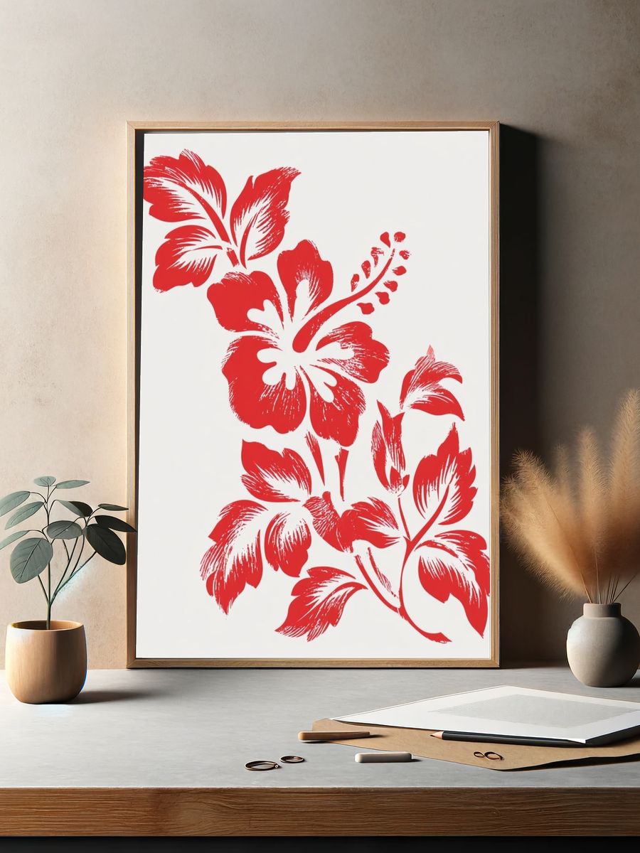 Red Hibiscus Botanical Print. — room view 2