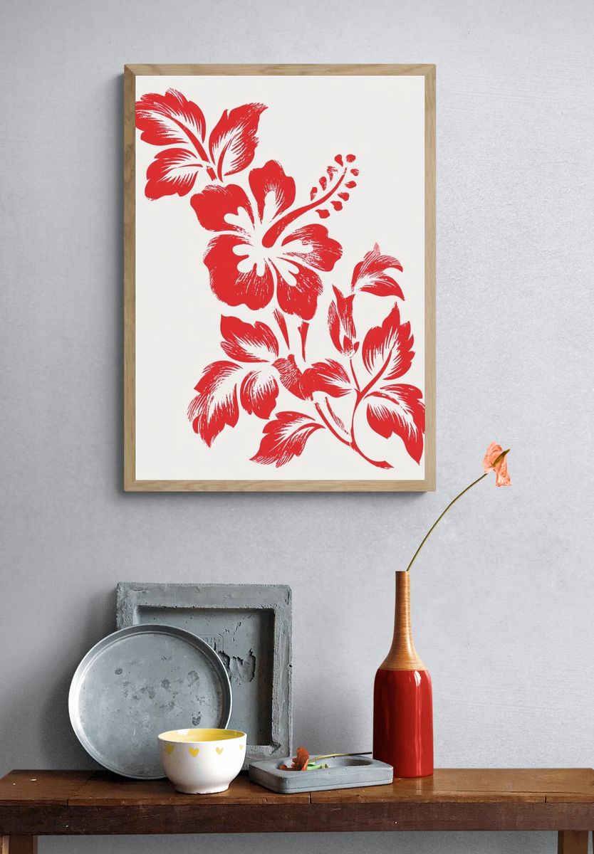 Red Hibiscus Botanical Print. — room view 3