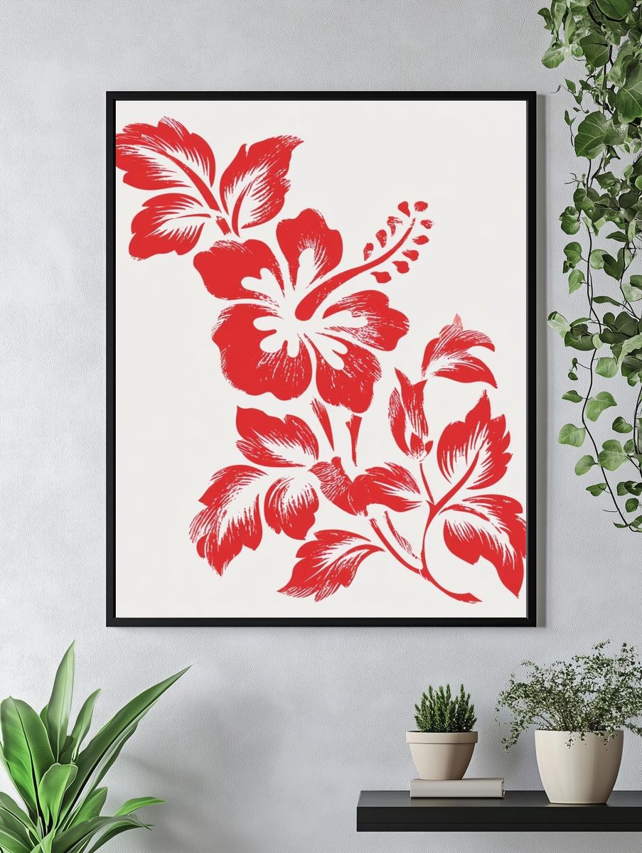 Red Hibiscus Botanical Print. — room view 4