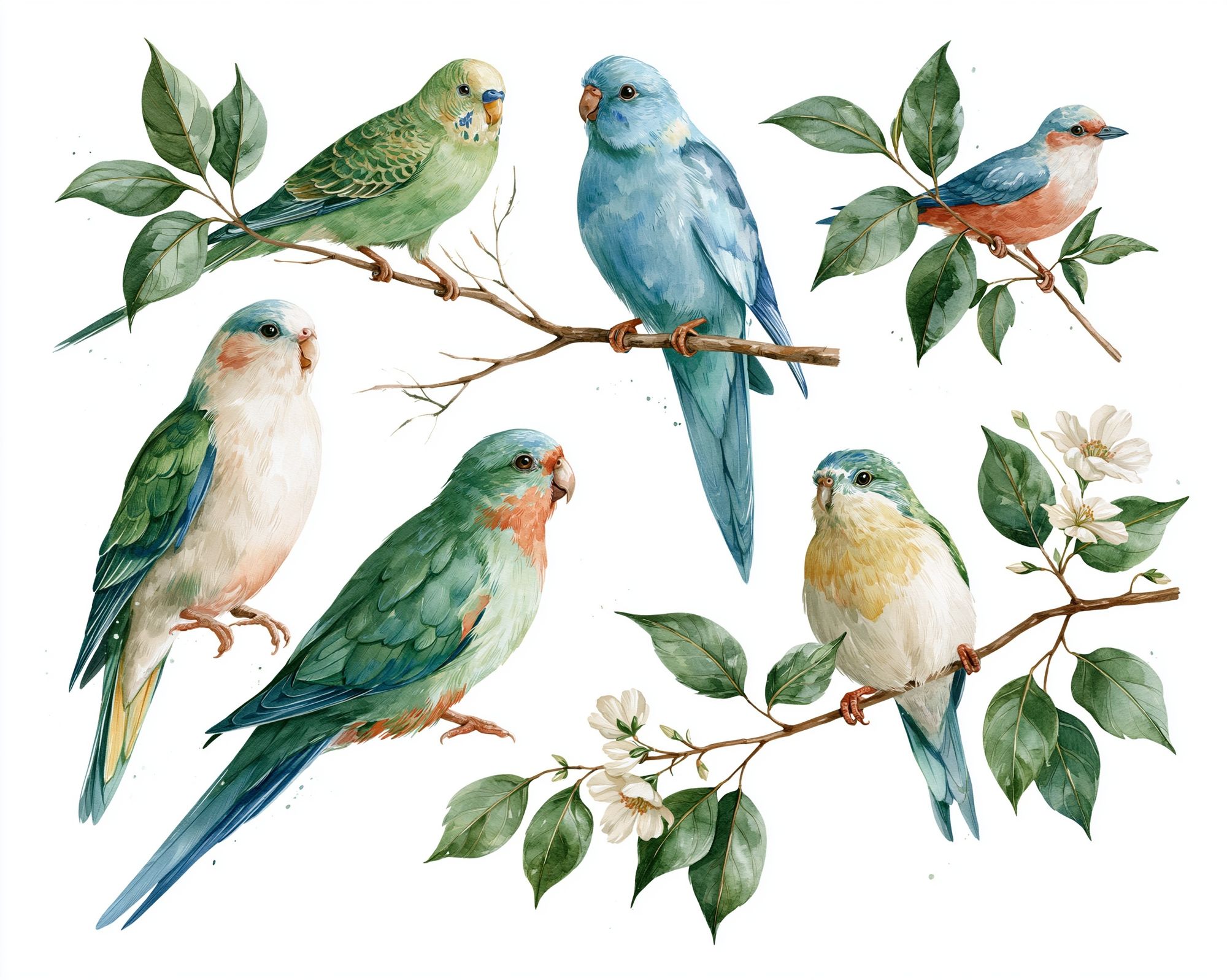 Watercolor Parrots and Branches Print. poster — botanical art