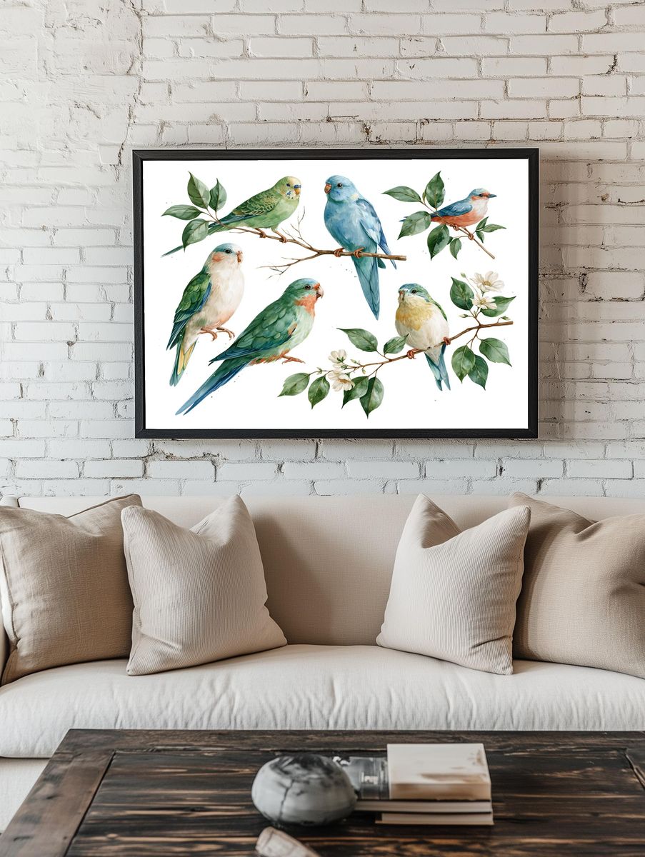 Watercolor Parrots and Branches Print. room preview
