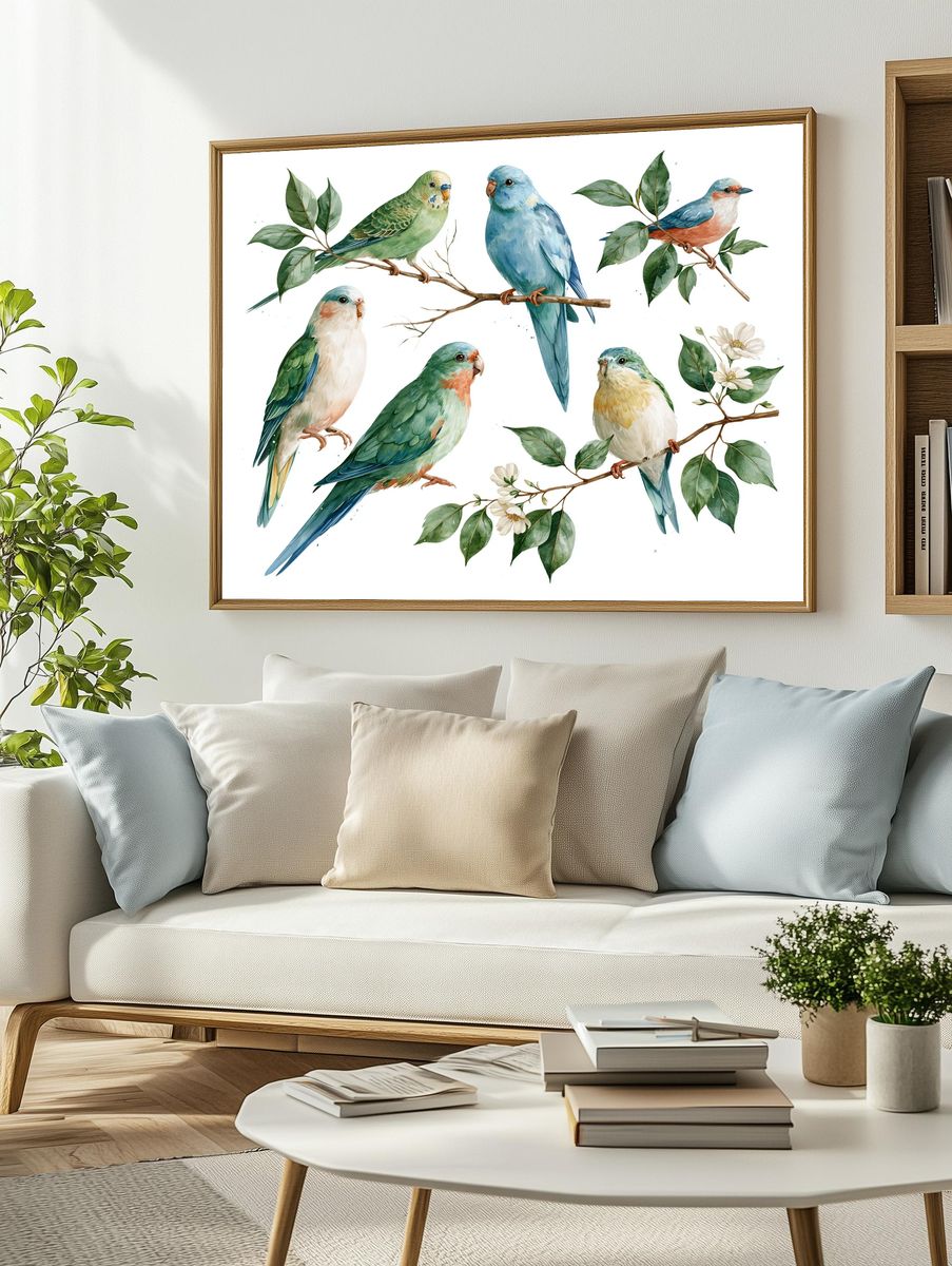 Watercolor Parrots and Branches Print. — room view 2