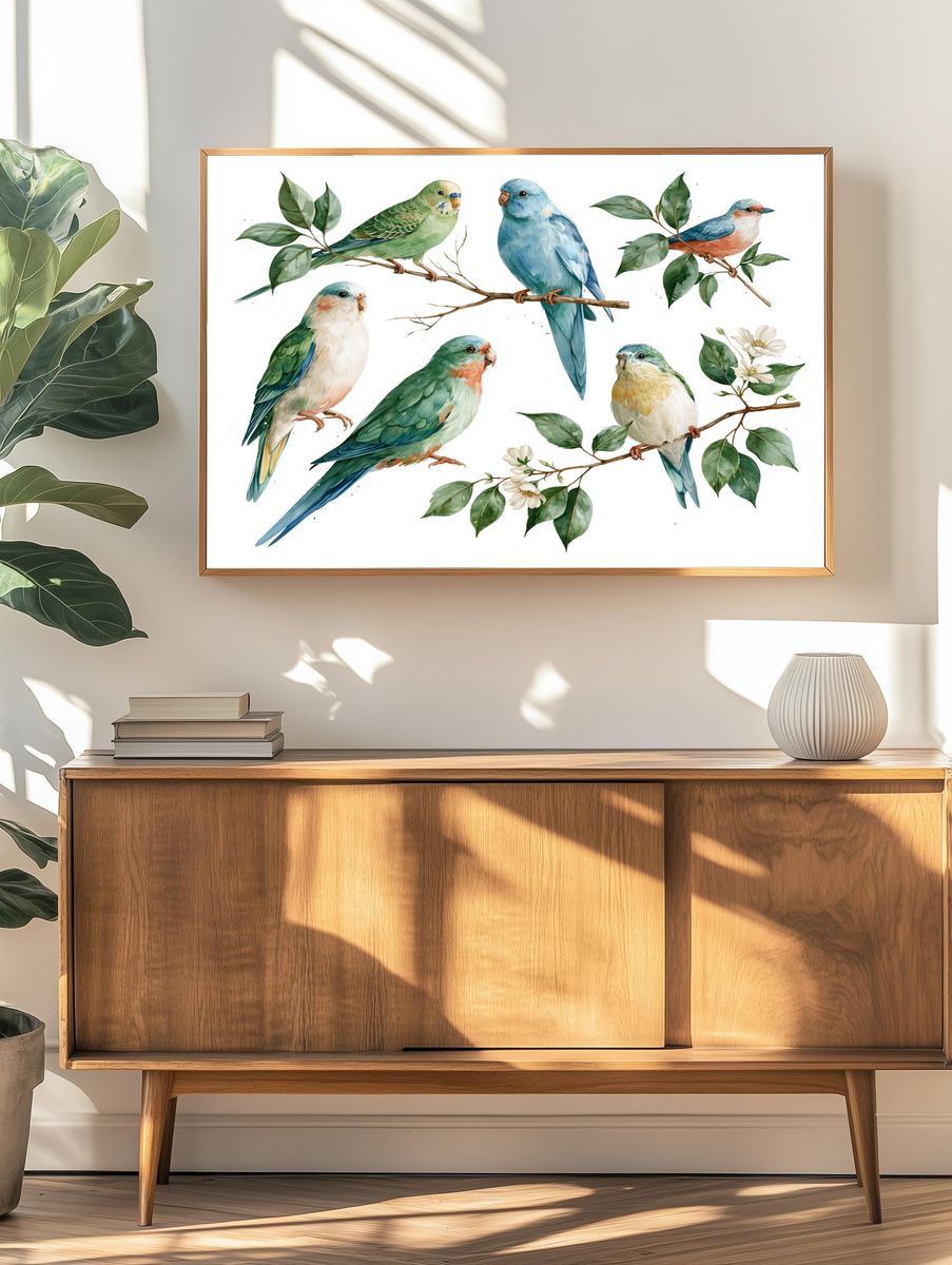 Watercolor Parrots and Branches Print. — room view 3